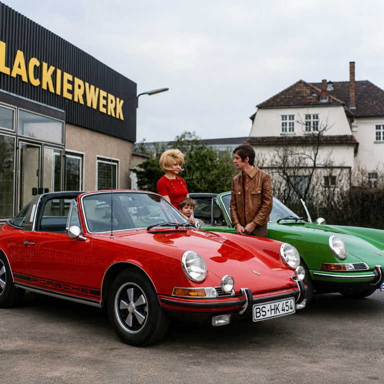 Historisches Foto: Zwei klassische Porsche vor dem Lackierwerk Bludau in Braunschweig